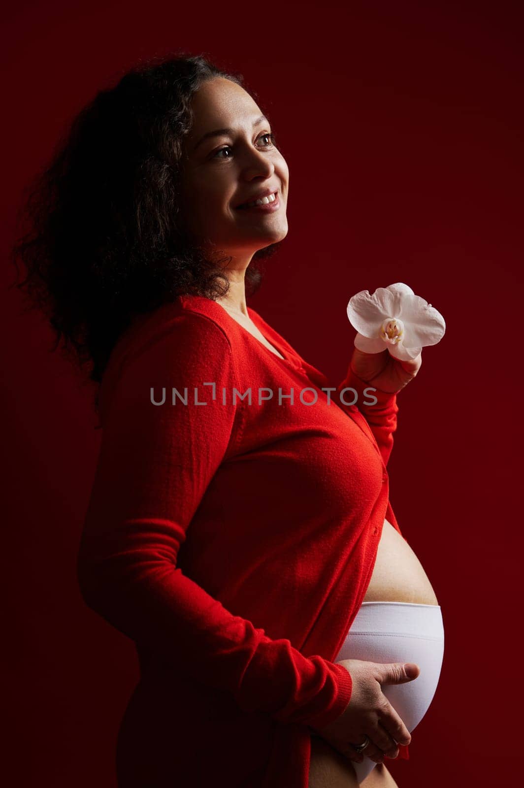 Vertical closeup beauty portrait of dark haired curly brunette, charming ethnic pregnant woman, smiling looking aside while gently stroking her belly, isolated over red background. Pregnancy fashion