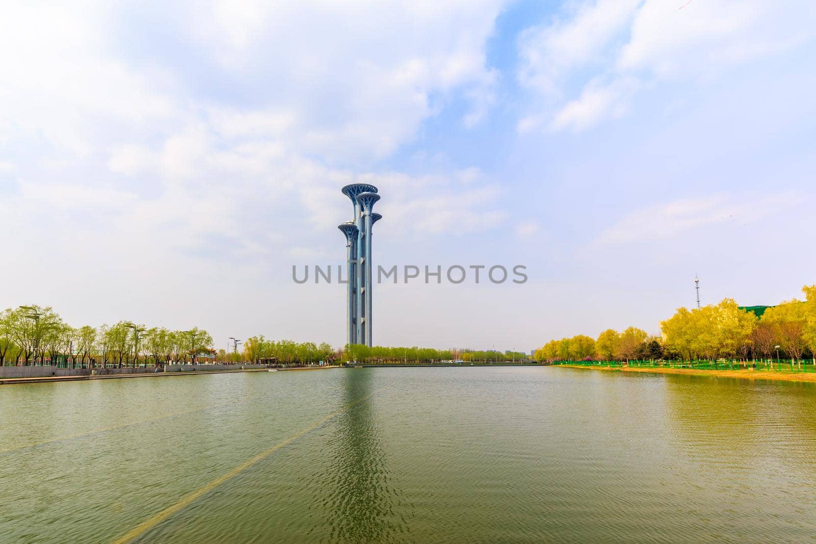 Beijing, China - April 02, 2015: The Olympic Park Observation Tower, stands at 258 meter,  is likened to "huge nails".