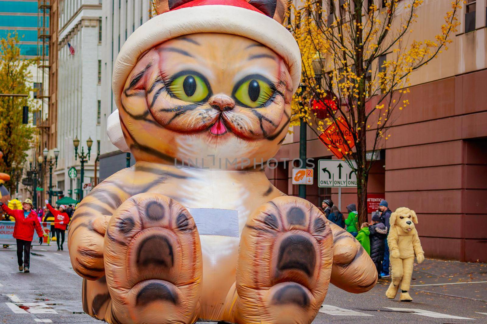 Portland, Oregon, USA - November 25, 2016: Giant cat float marches in the annual My Macy's holiday Parade across Portland Downtown.
