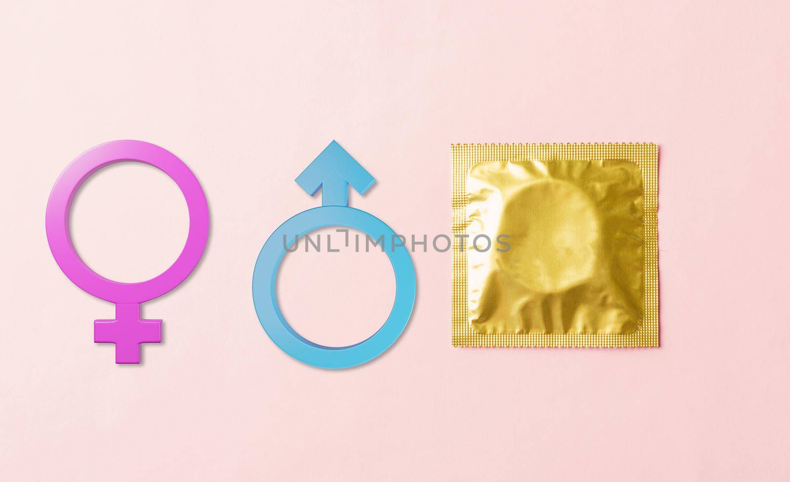 condom in wrapper pack and Male and female gender signs by Sorapop