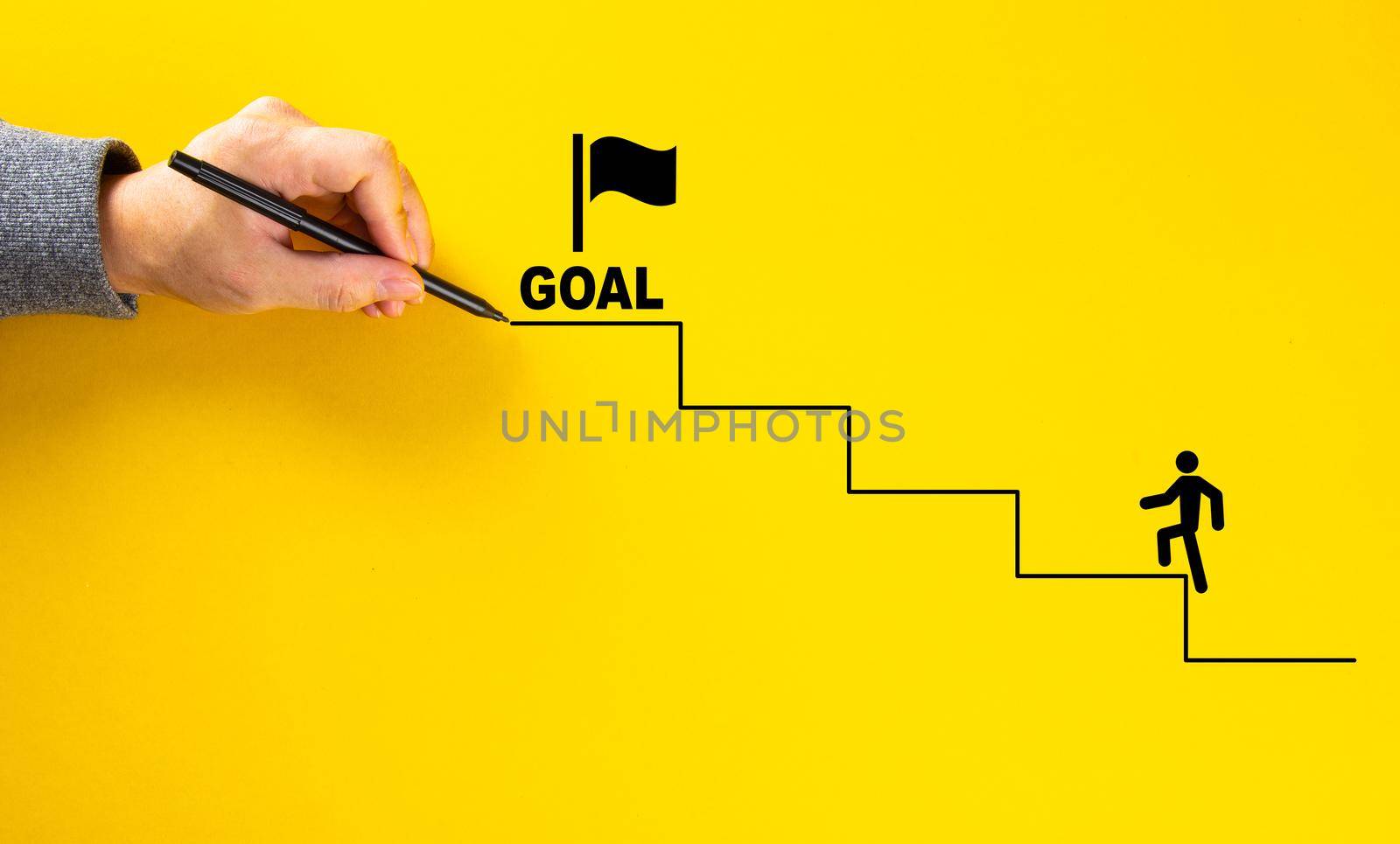 businessman hand drawing career ladder on yellow background. Business concept