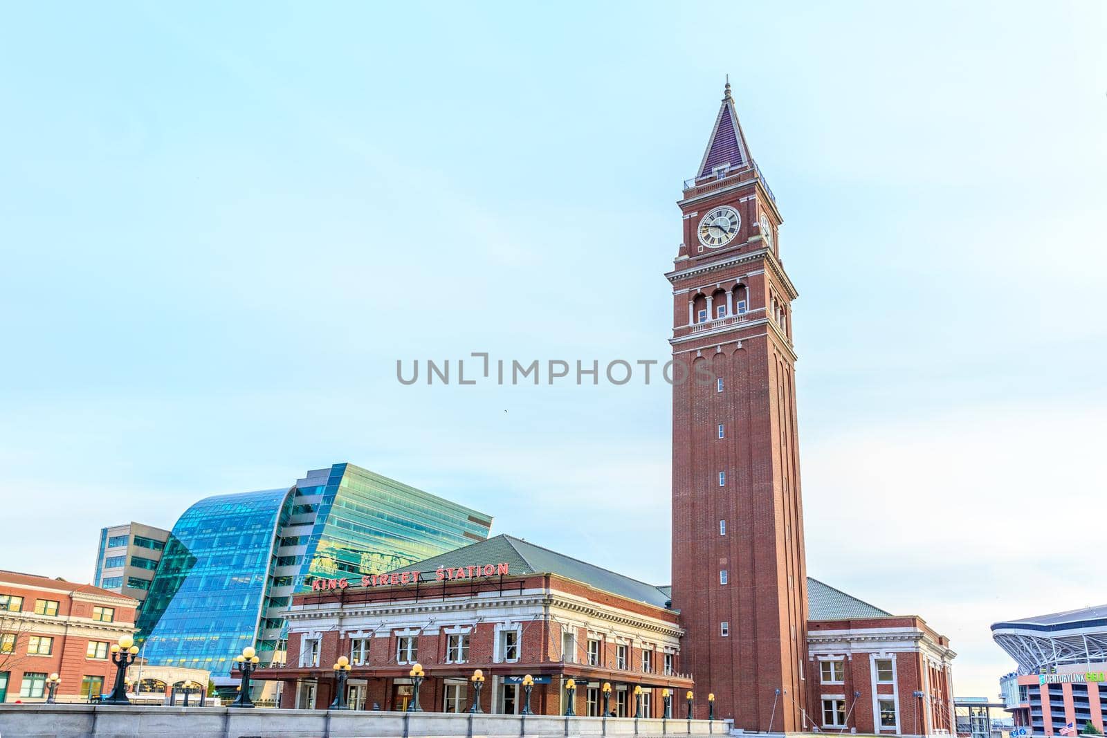 Seattle, Washington - March 5, 2015: King Street Station is a train station built in 1906, with clock tower as the local landmark.