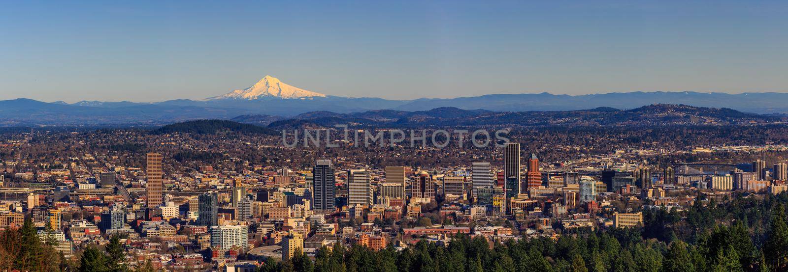 Portland Oregon Downtown Cityscape in the Fall colors, with Mt Hood in the background.
