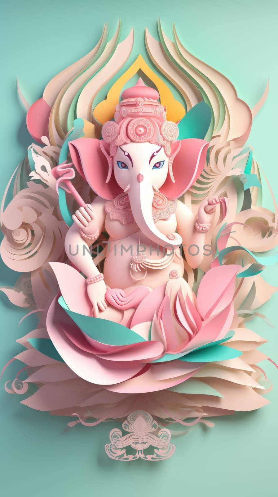 Ganesha paper cut art with colorful background. Generative AI.