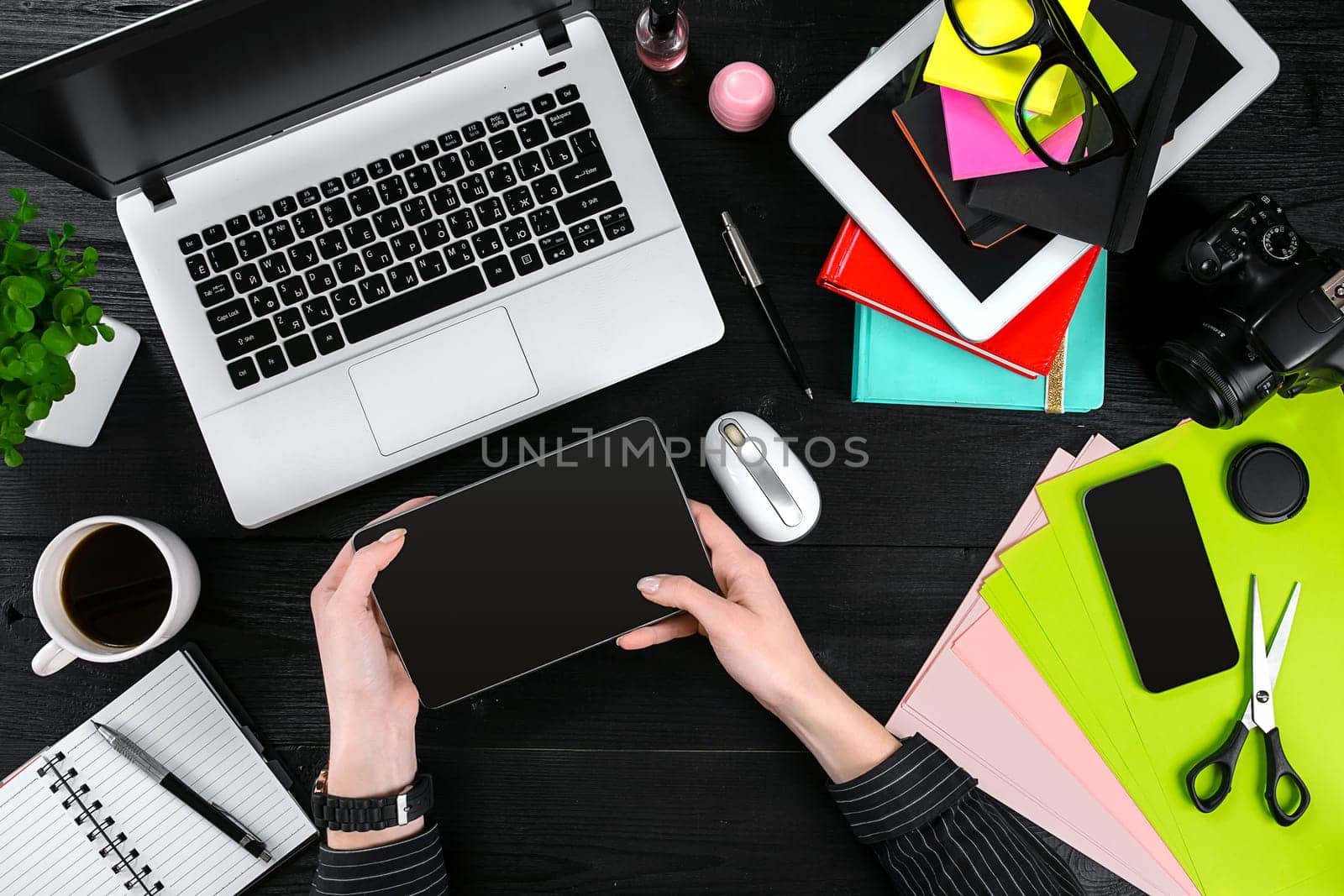 Overhead view of businesswoman working at computer in office. Place for your text. Ideal for blog. Flat lay