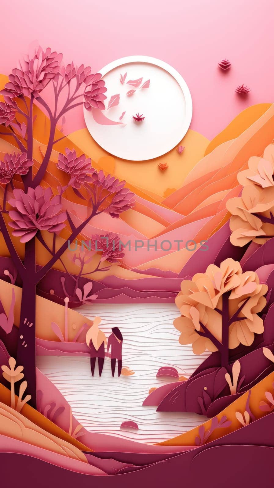 Lover and couple paper cut art with nature background. Generative AI by nateemee