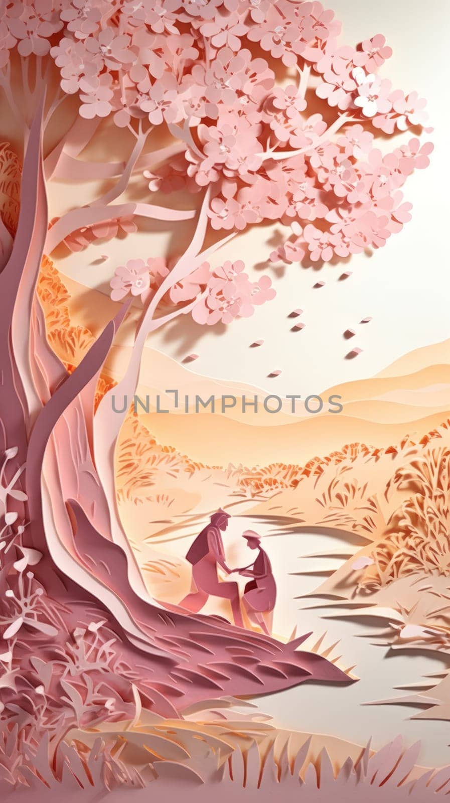 Lover and couple paper cut art with nature background. Generative AI by nateemee