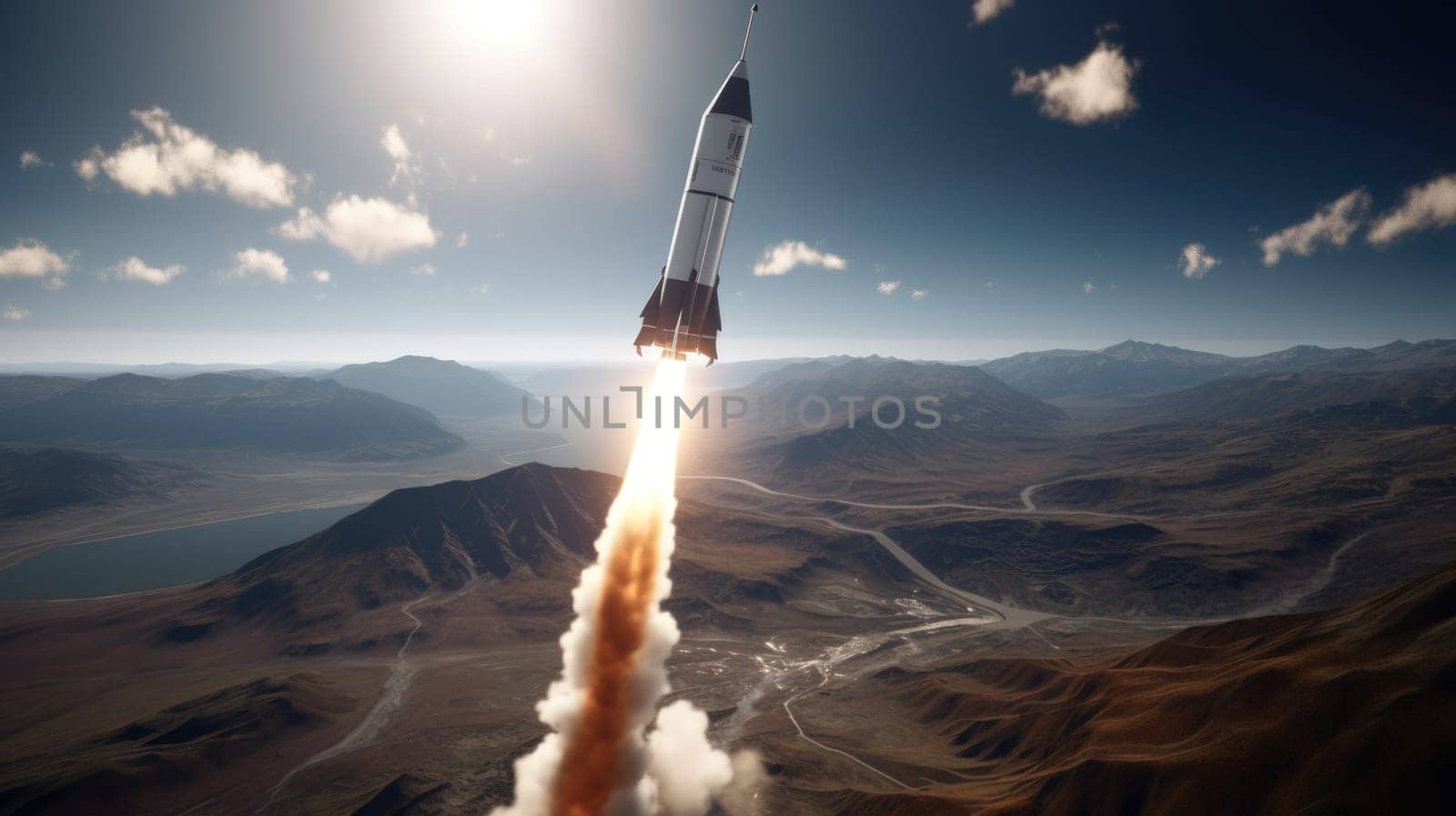 A rocket soars from Earth into space, science concept. Generative AI by nateemee