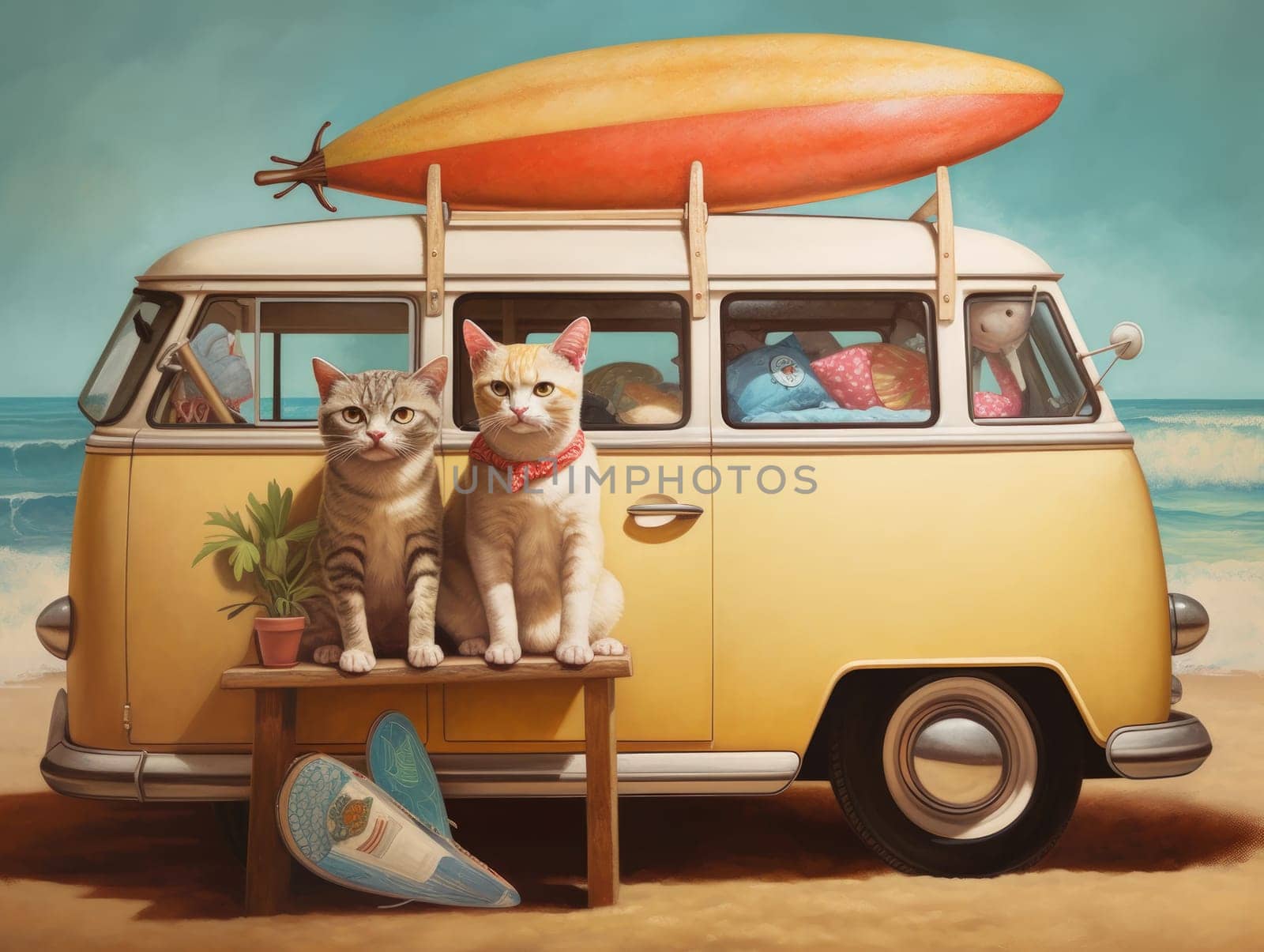 Adorable cat sittign on the car, ready for travel, summer concept. Generative AI by nateemee