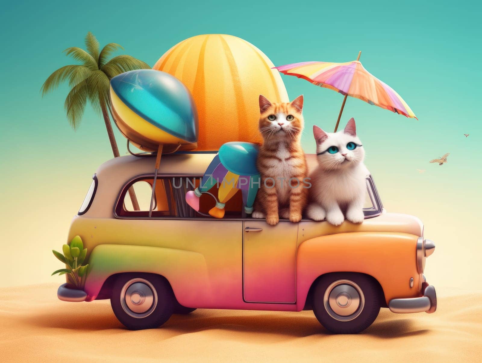 Adorable cat sittign on the car, ready for travel, summer concept. Generative AI.