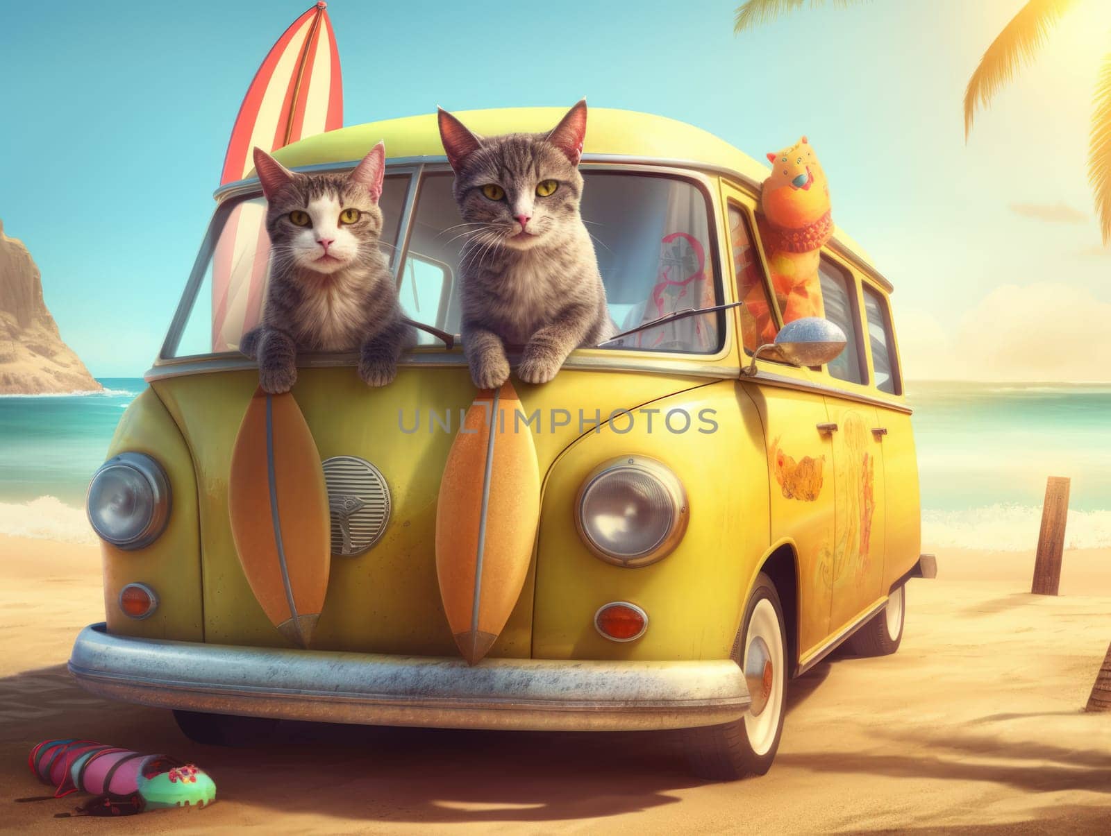 Adorable cat sittign on the car, ready for travel, summer concept. Generative AI by nateemee