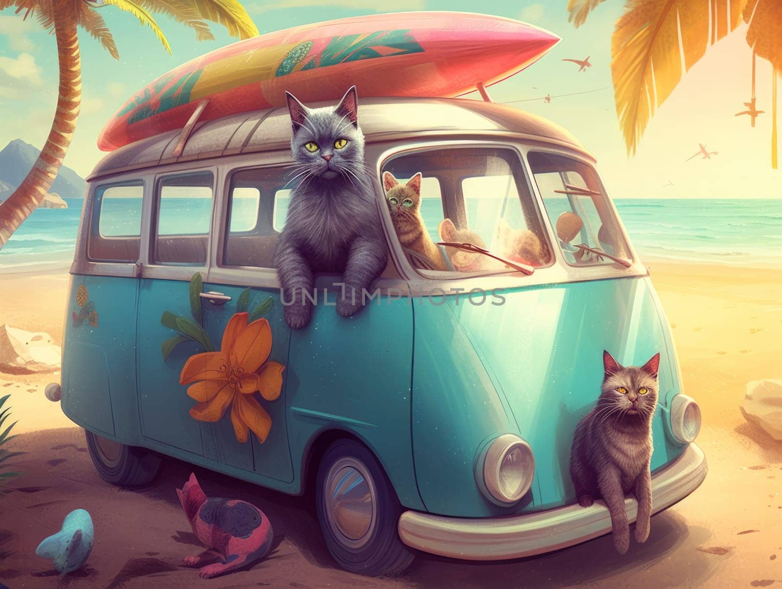 Adorable cat sittign on the car, ready for travel, summer concept. Generative AI.