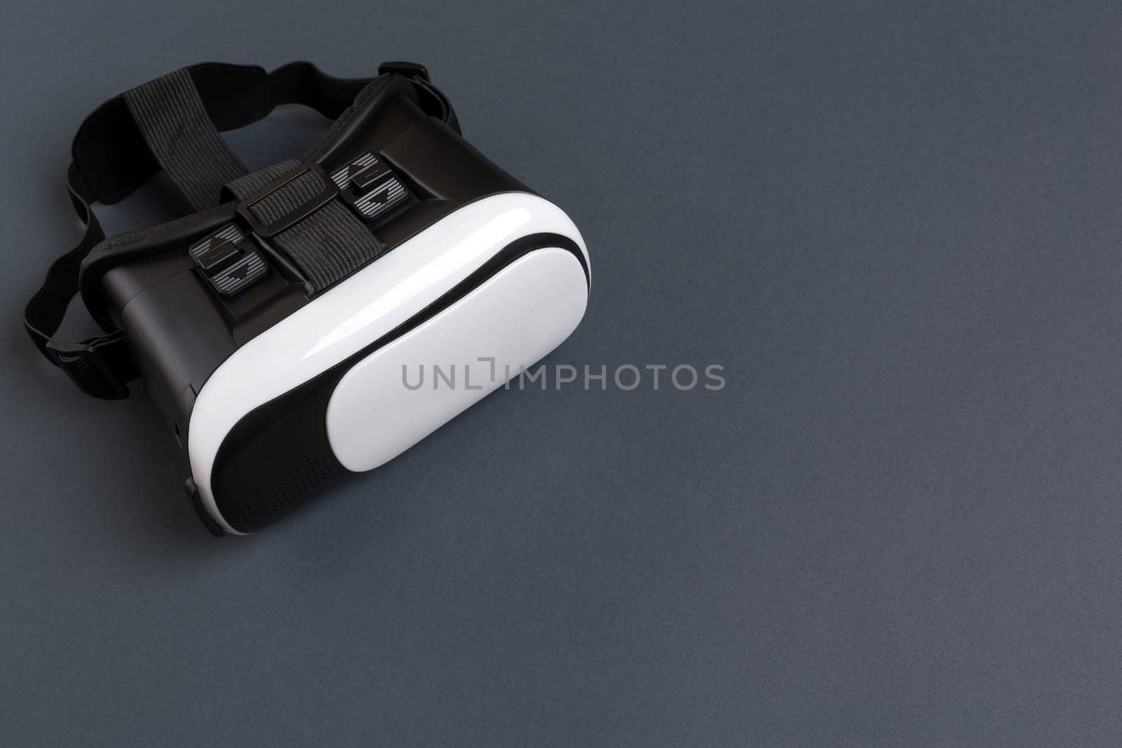 VR Glasses, Virtual Reality Headset, Top View, Isolated on Gray. Copy space