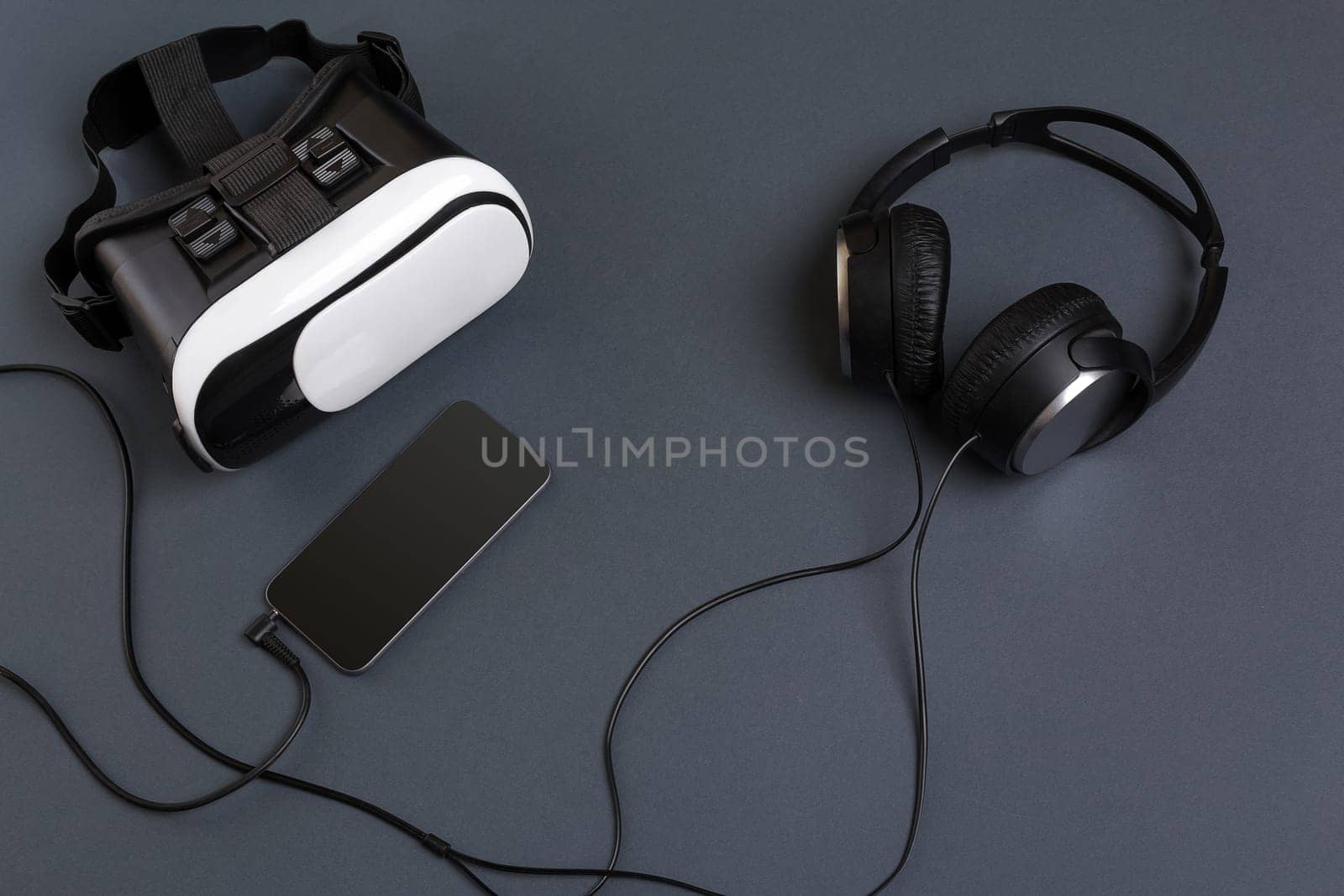 Virtual reality headset. Top view. Copy space. Still life mockup flat lay