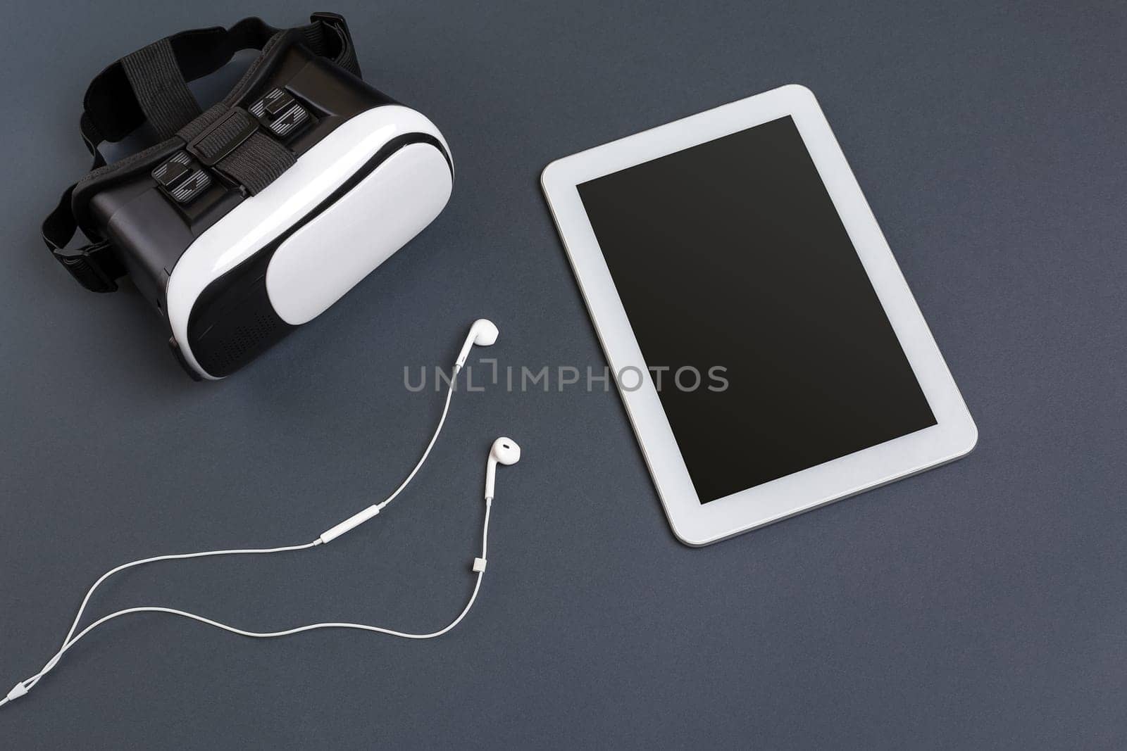 Virtual reality headset. Top view. Copy space. Still life mockup flat lay