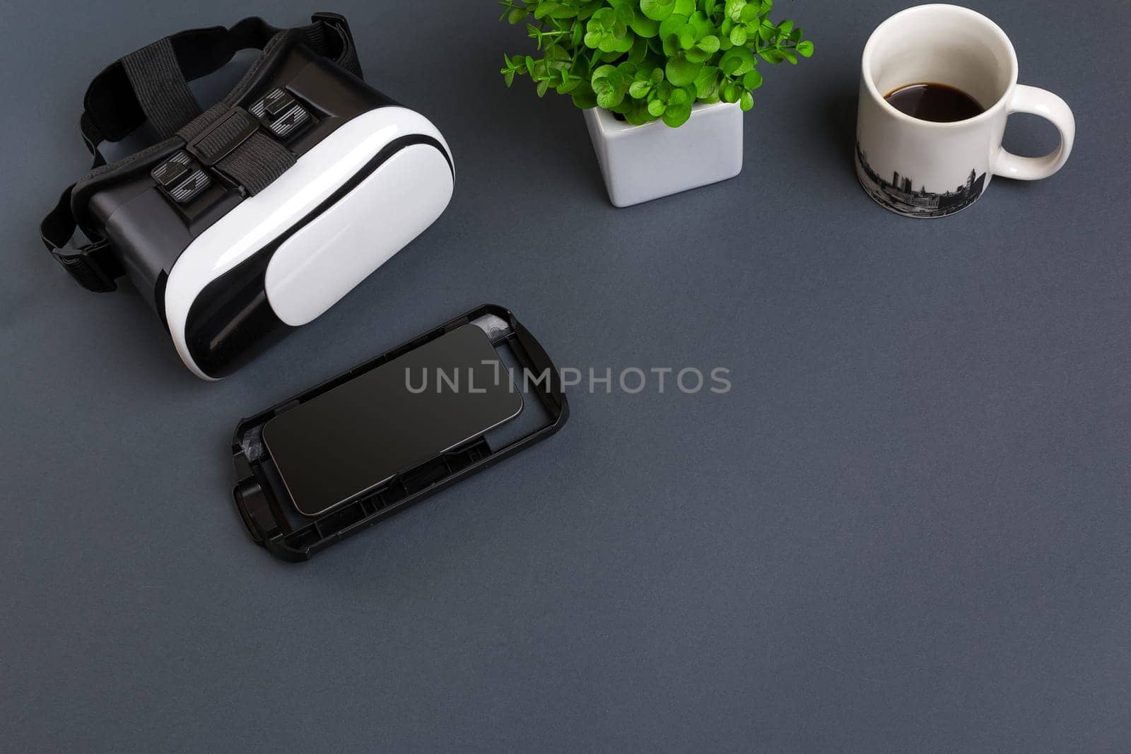 Virtual reality headset. Top view. Copy space. Still life mockup flat lay