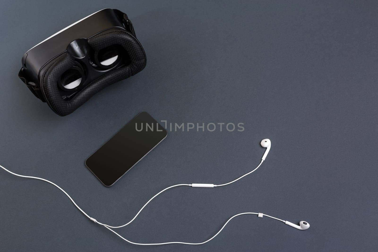 Virtual reality headset. Top view. Copy space. Still life mockup flat lay