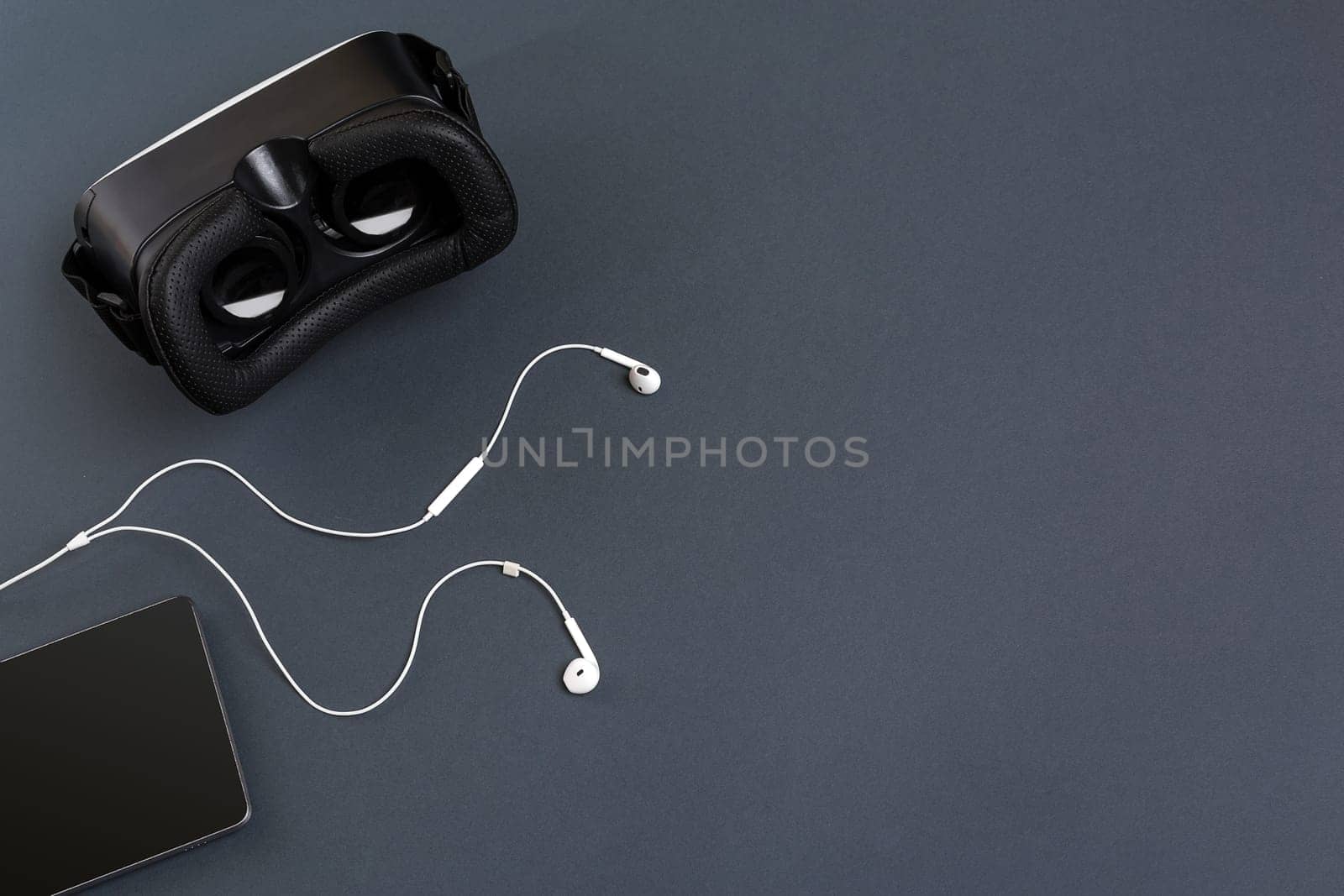 Virtual reality headset. Top view. Copy space. Still life mockup flat lay