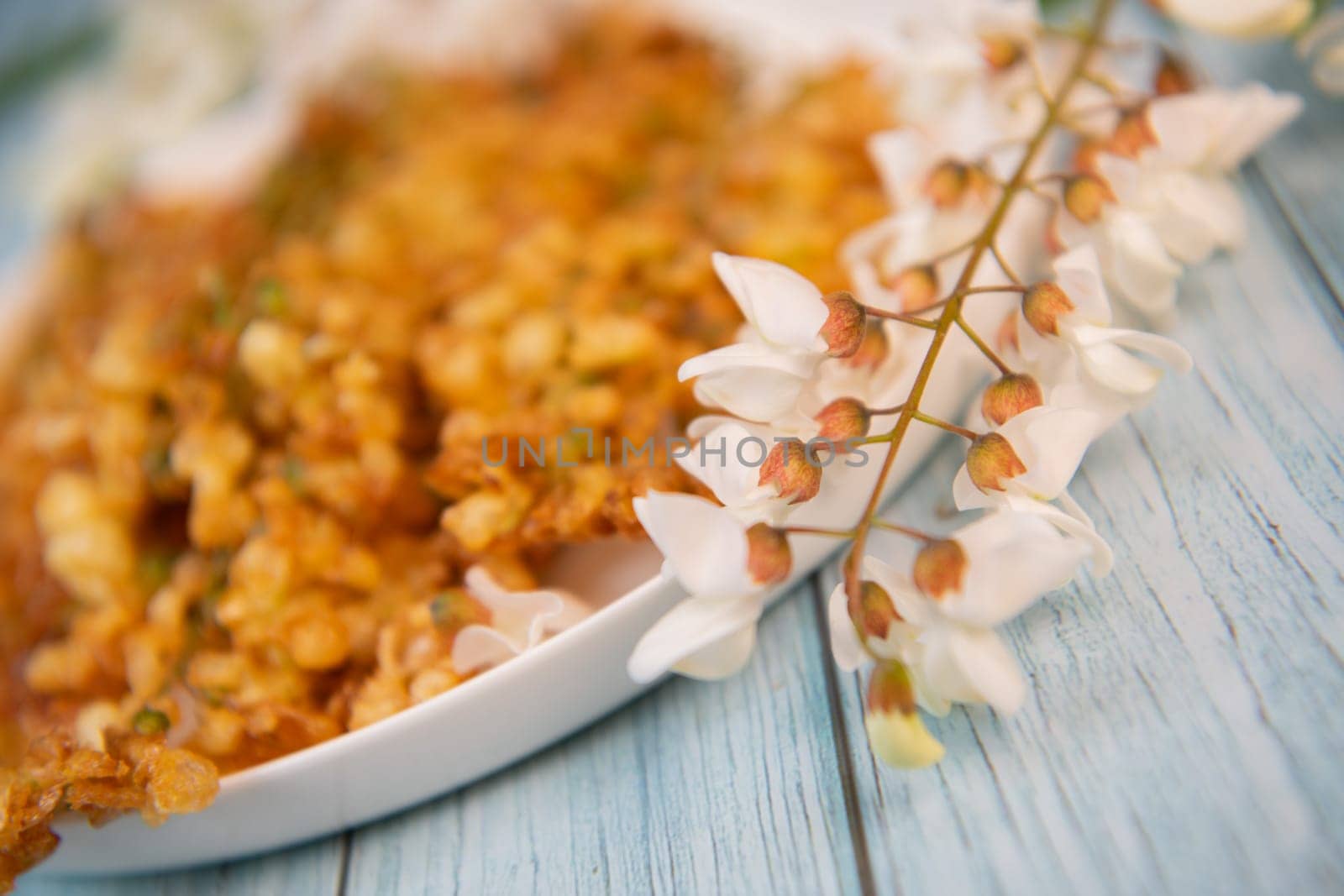 Acacia flowers fritters, Blossoming acacia with leafs, , Robinia pseudoacacia, White acacia, High quality photo