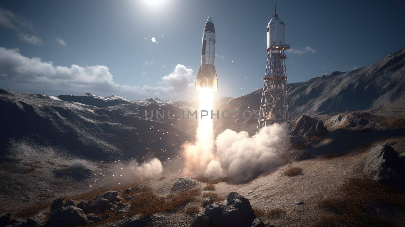 A rocket soars from Earth into space, science concept. Generative AI by nateemee
