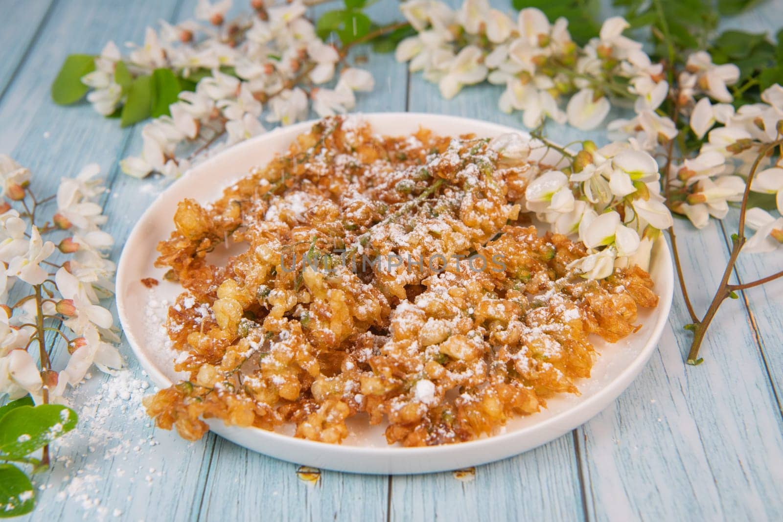 Acacia flowers fritters, Blossoming acacia with leafs, , Robinia pseudoacacia, White acacia, High quality photo