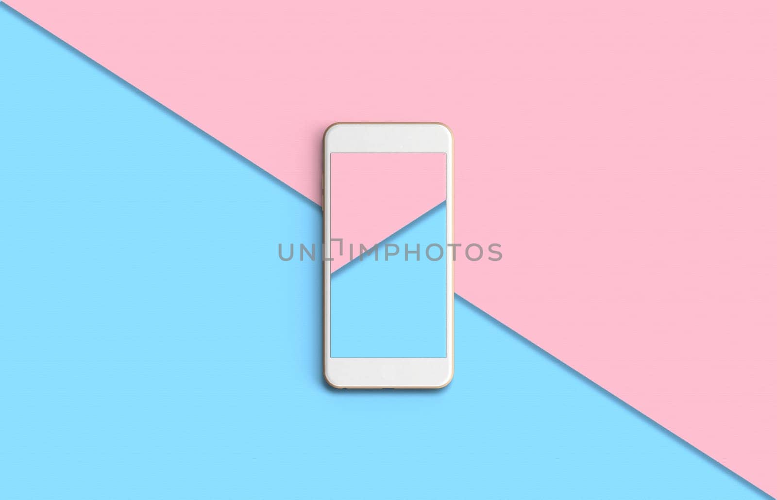 Phone with colorful screen on top view, background in pastel colors. Copy space