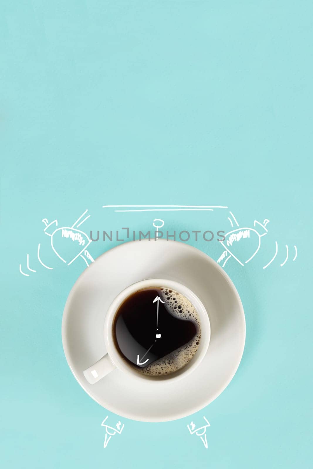 Clock. Cup of fresh espresso with clock sign on blue background by nazarovsergey