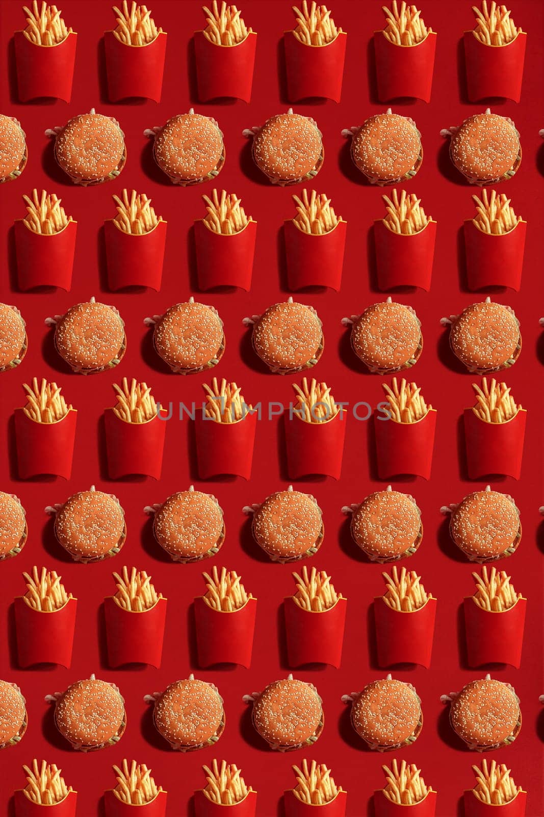 Close Up to French Fries and Burgers, High Calorie Junk Food, Background. Pattern