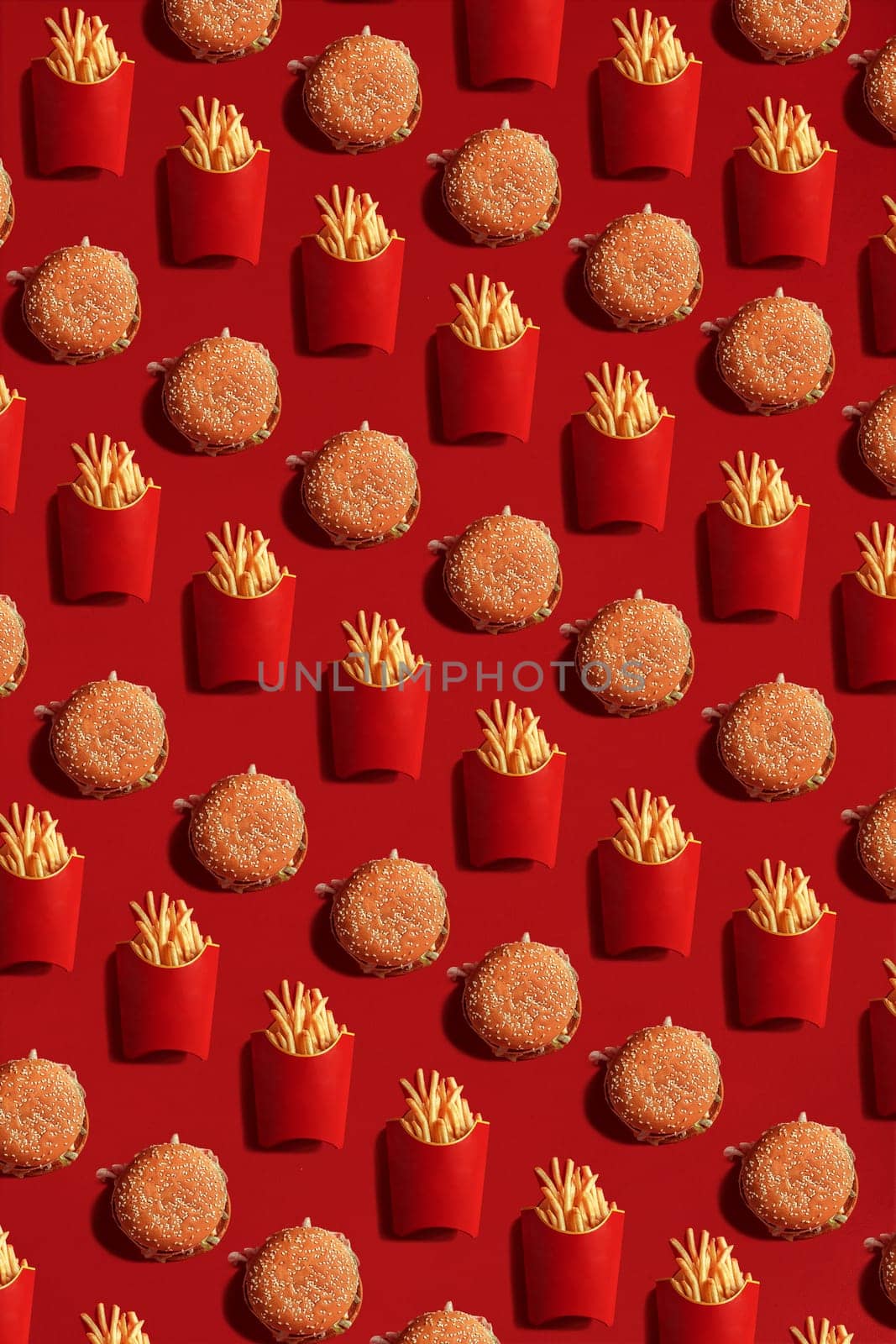 Close Up to French Fries and Burgers, High Calorie Junk Food, Background. Pattern