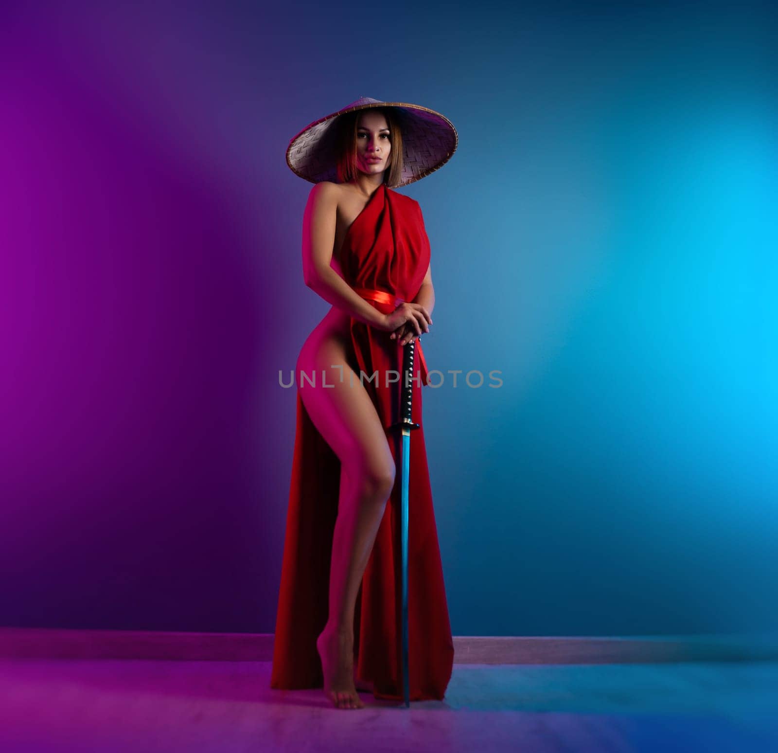 sexy girl in a red cape and an Asian hat with a katana in her hand in neon lights on a copy paste background by Rotozey
