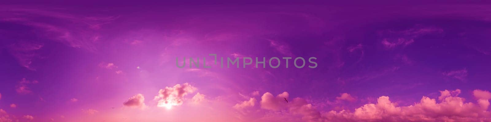 Sky panorama with magenta Cirrus clouds in Seamless spherical equirectangular format. Full zenith for use in 3D graphics, game and editing aerial drone 360 degree panoramas for sky replacement