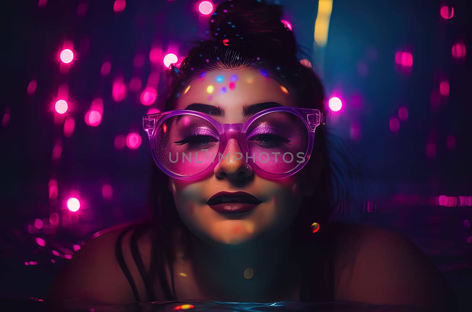 Pretty girl in a pool with colorful lights. Generative AI. High quality illustration