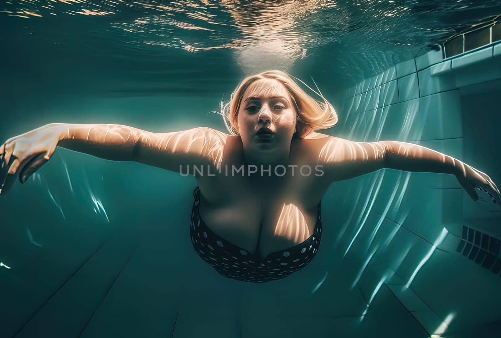 Fat woman with big breasts swims underwater in the pool.Generative AI. High quality illustration