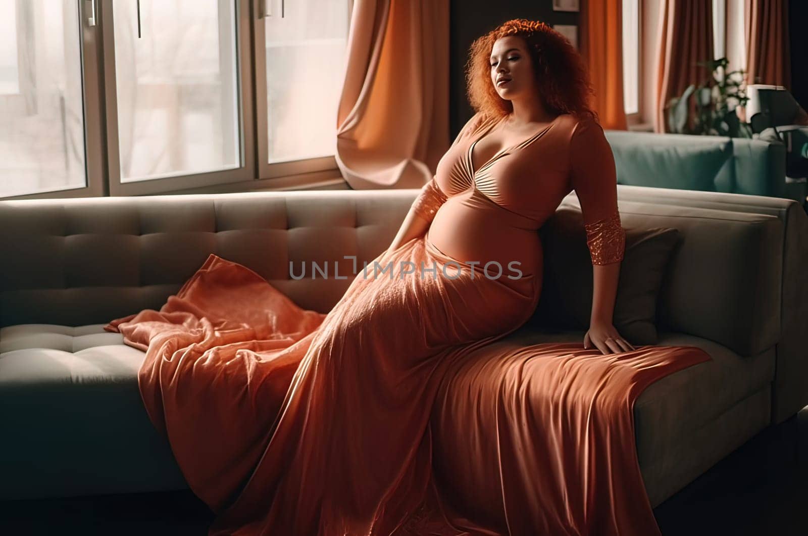 A beautiful girl in a dress sits on the couch, with a tummy. The concept of pregnancy. Generative artificial intelligence. High quality illustration