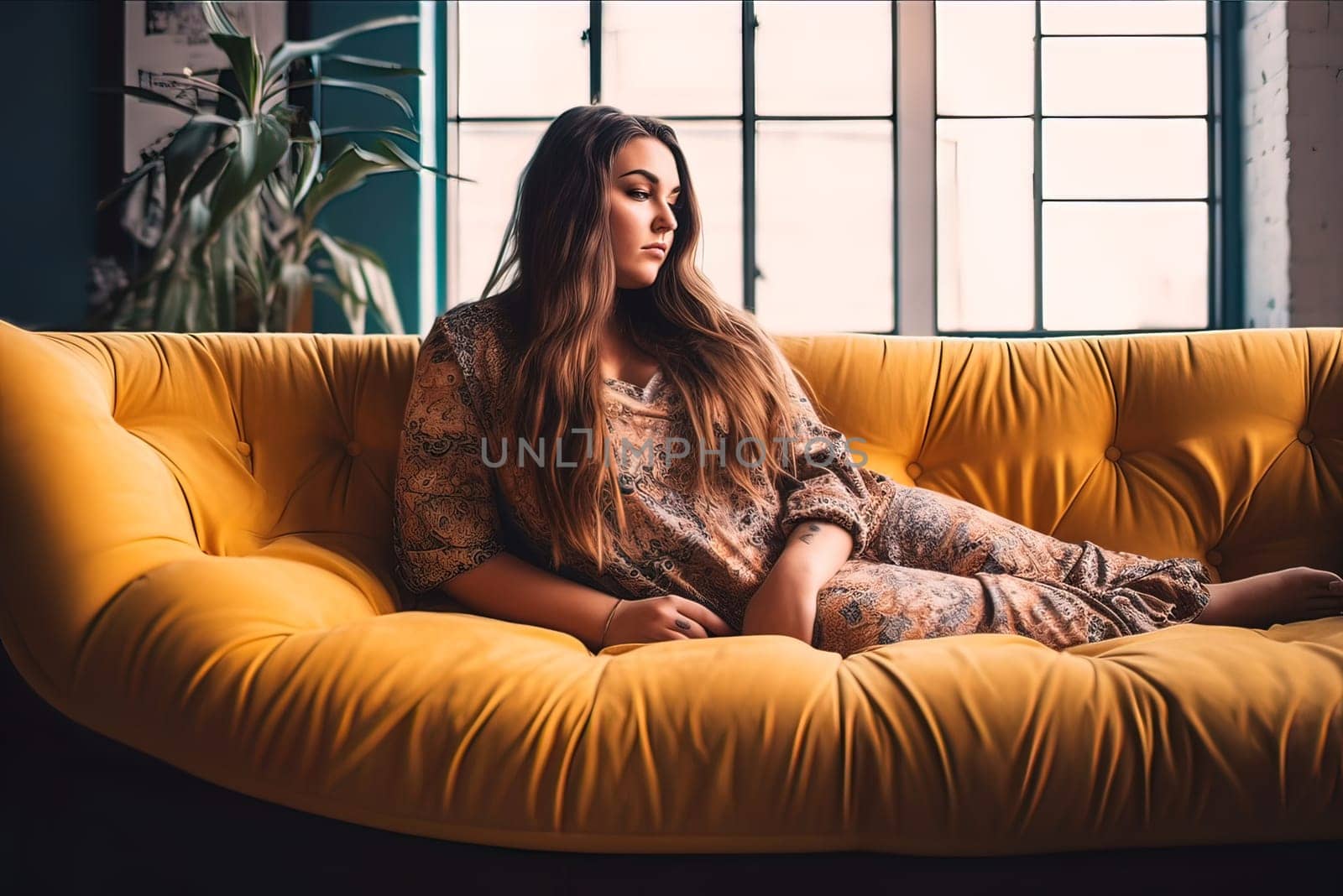 A beautiful girl in a dress sits on the couch, with a tummy. The concept of pregnancy. Generative artificial intelligence. High quality illustration