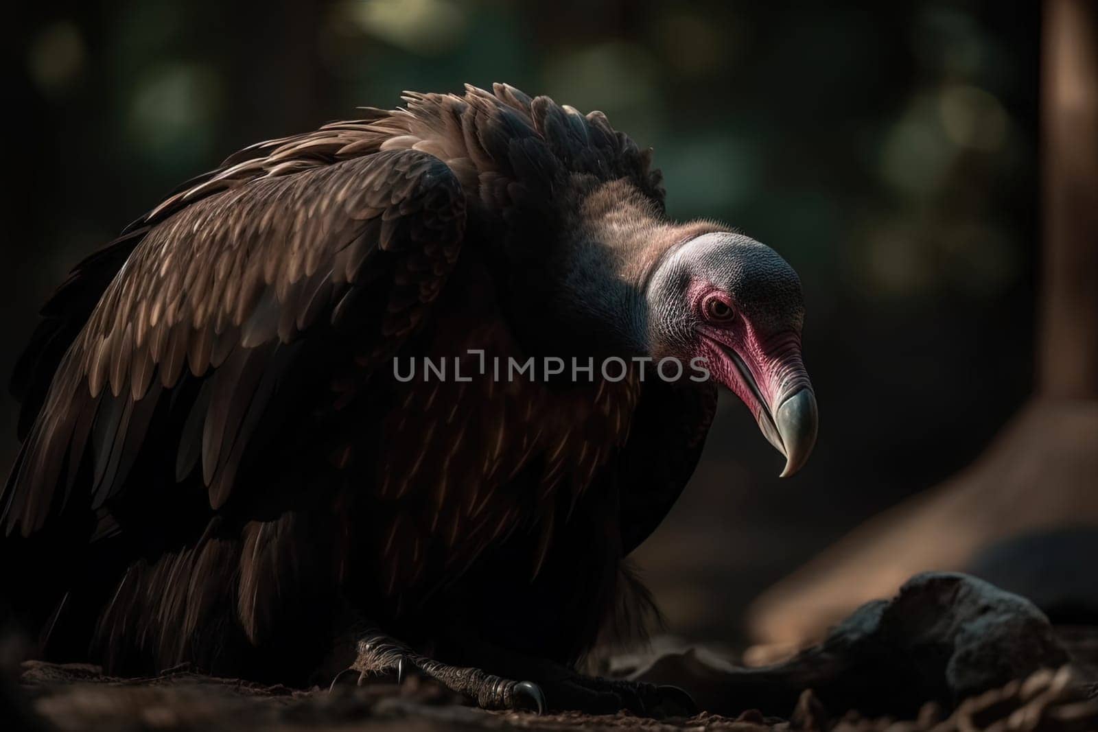 A vulture pecking meat at its prey. Closeup. Generative AI.