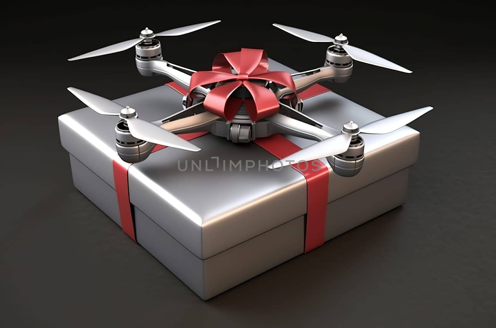 A quadcopter with a gift box. Generative AI by Yurich32