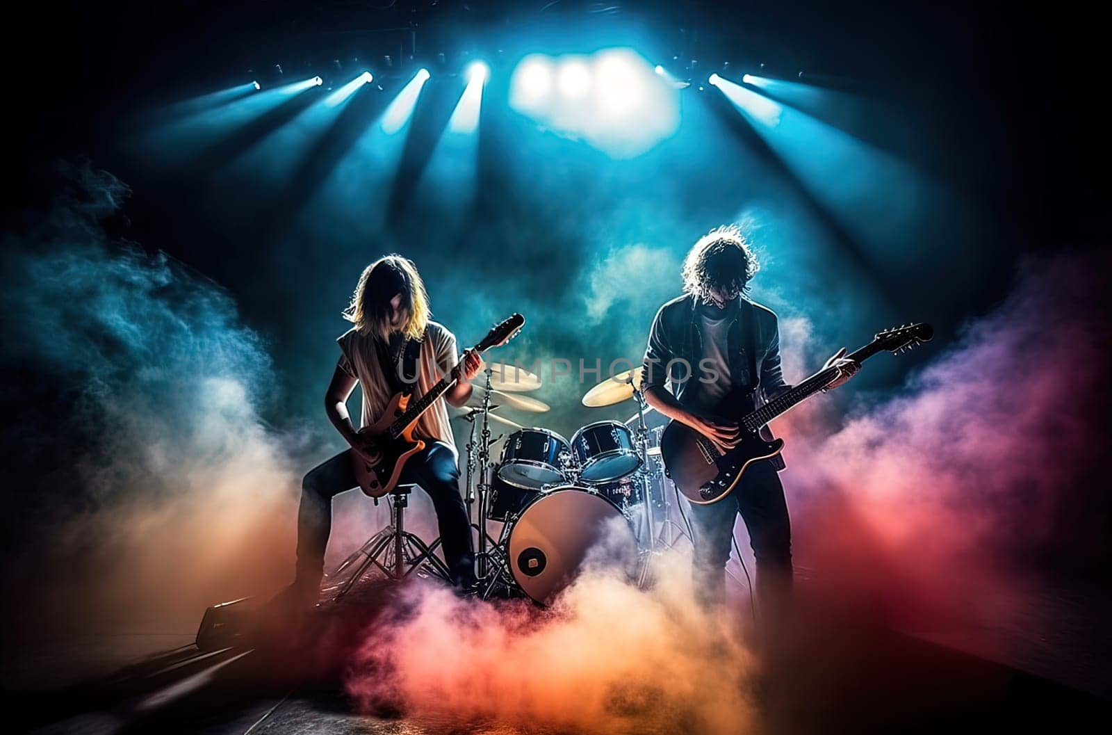 Three musicians on stage playing rock, colorful neon smoke in the background. Generative AI High quality illustration
