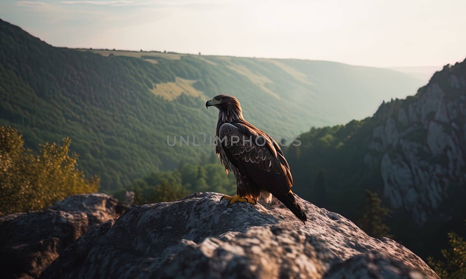 A steppe eagle is sitting on a mountain cliff. Generative artificial intelligence.