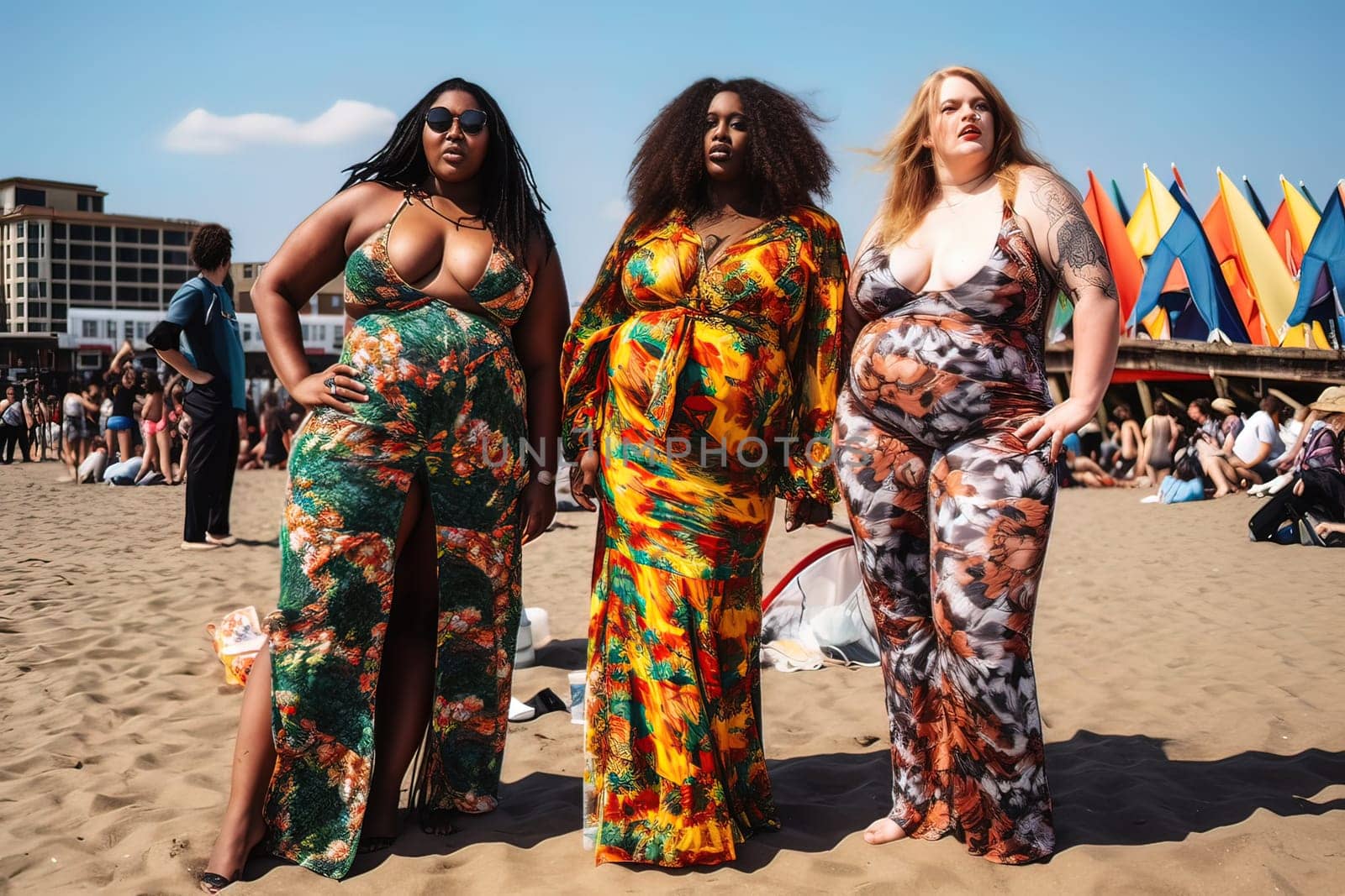 Several fat women of different races in bathing suits on the beach. Generative Artificial Intelligence. High quality illustration