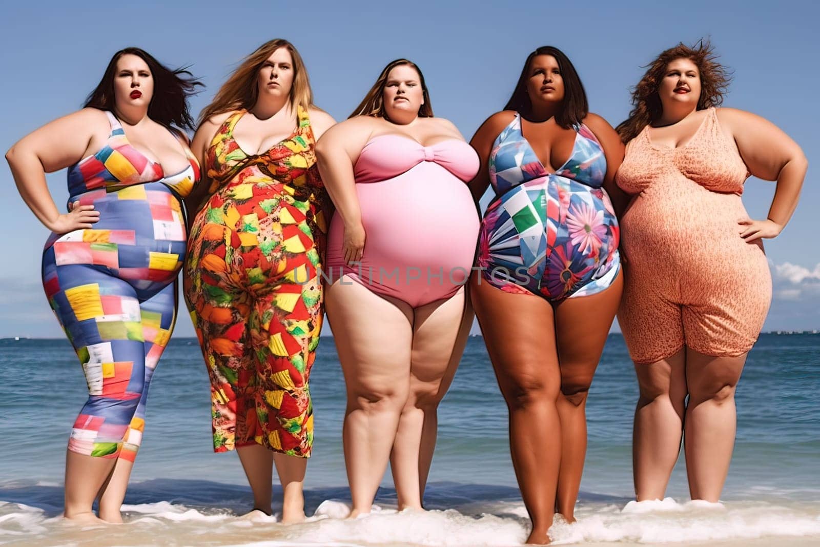 Several fat women of different races in bathing suits on the beach. Generative Artificial Intelligence. by Yurich32