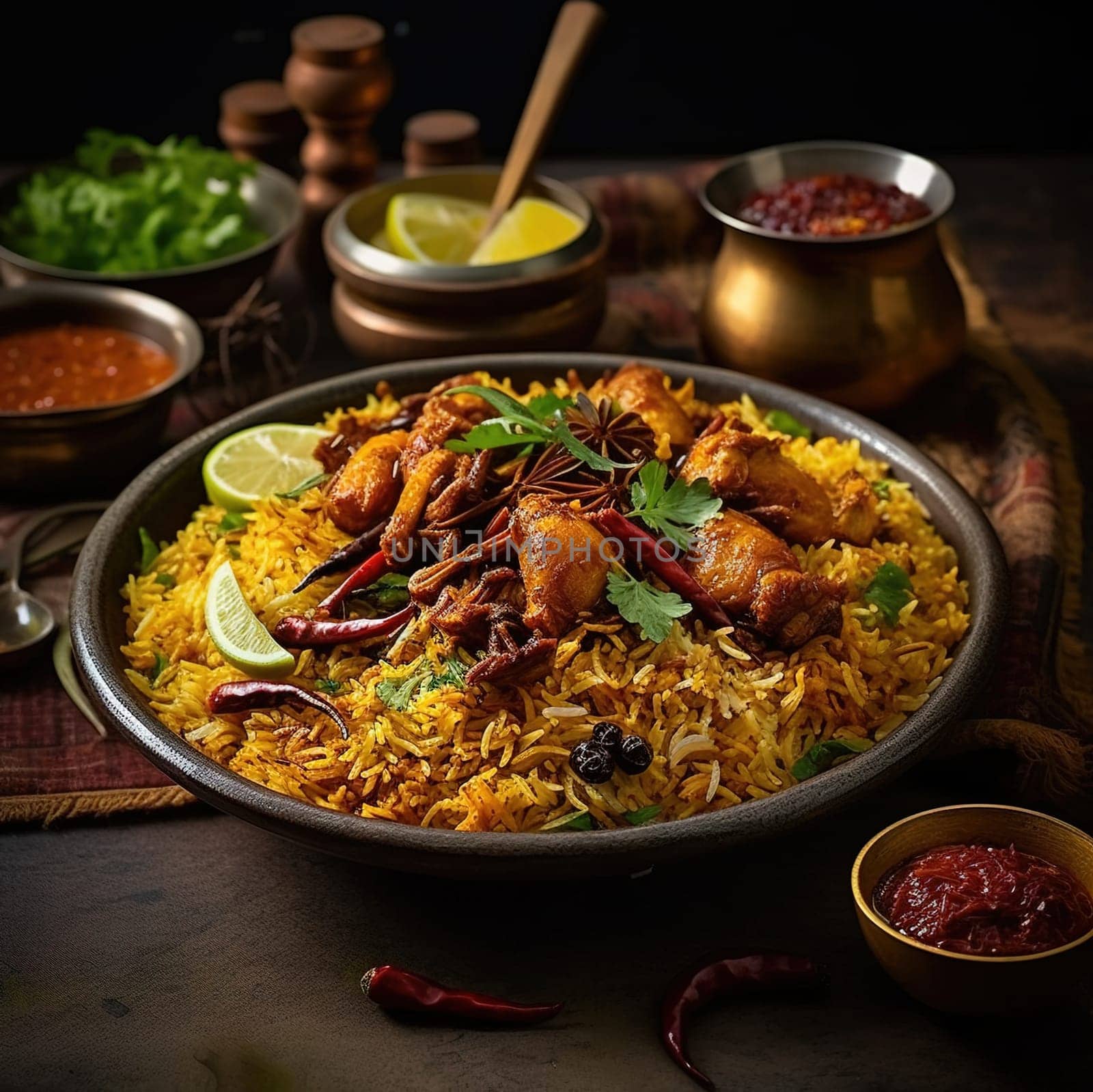 Nasi Biryani, a South Asian Indian dish of spiced rice and meat. High quality illustration