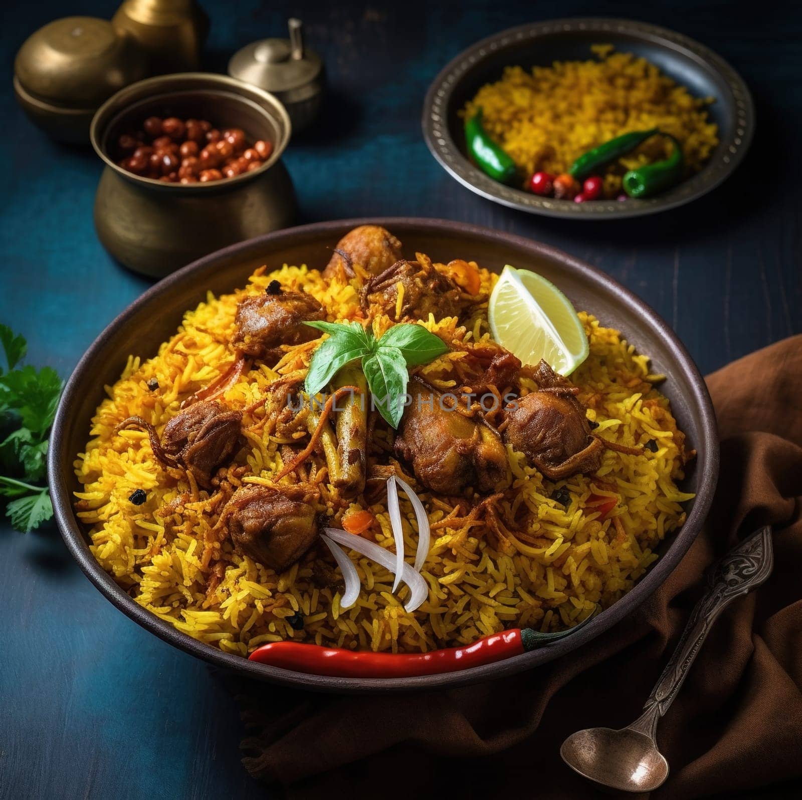 Nasi Biryani, a South Asian Indian dish of spiced rice and meat. High quality illustration