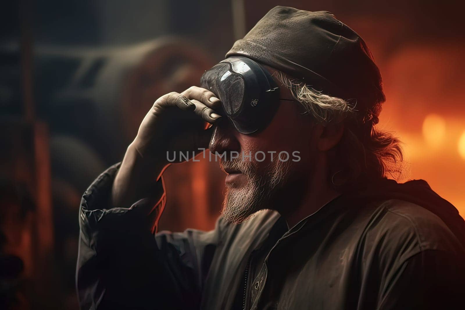A steelmaker at a metallurgical furnace watches hot steel pour out of it. Close-up. Generative AI. High quality illustration