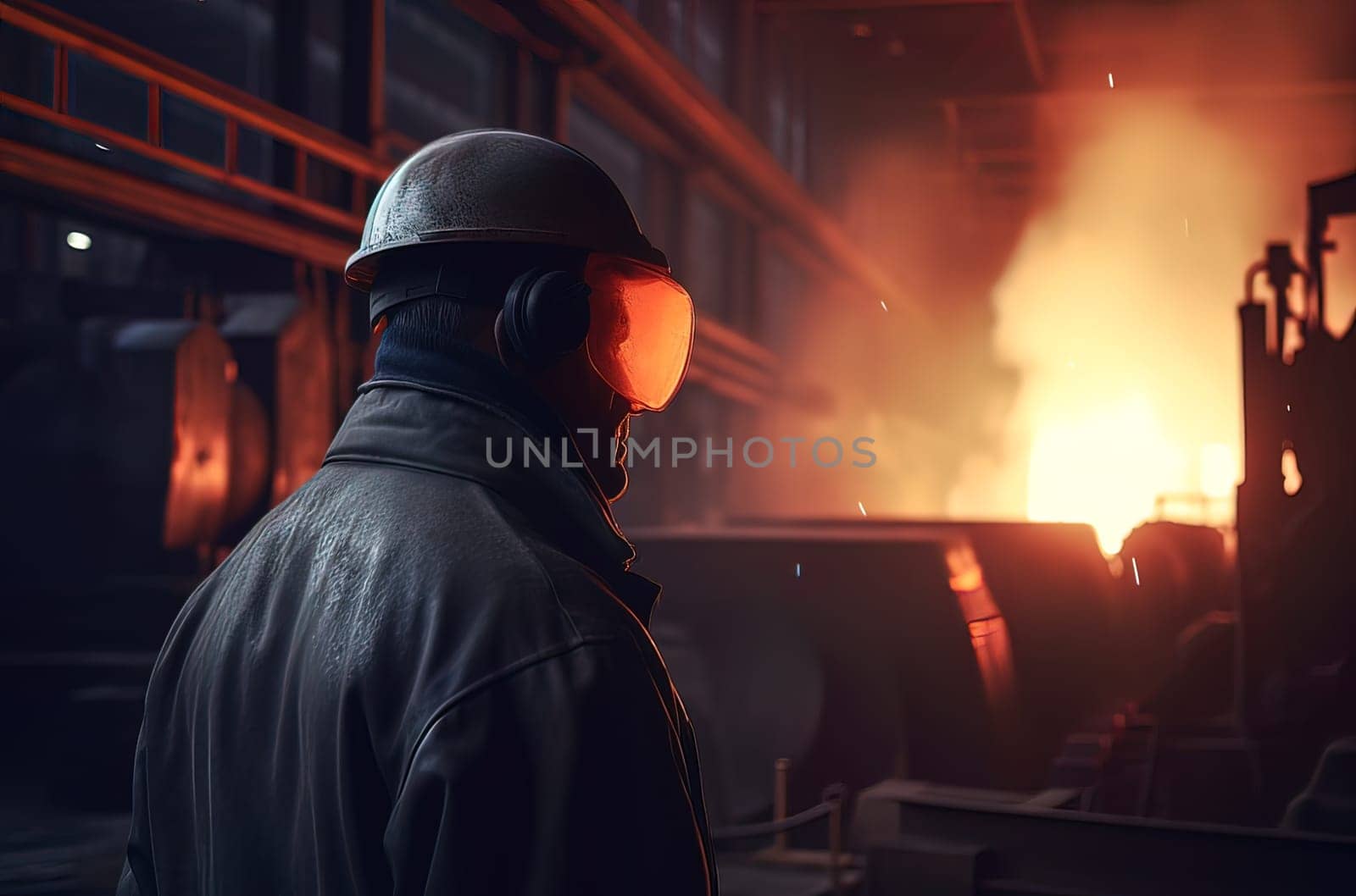 A steelmaker in a helmet at a metallurgical furnace watches hot steel pour out of it. Generative AI. High quality illustration