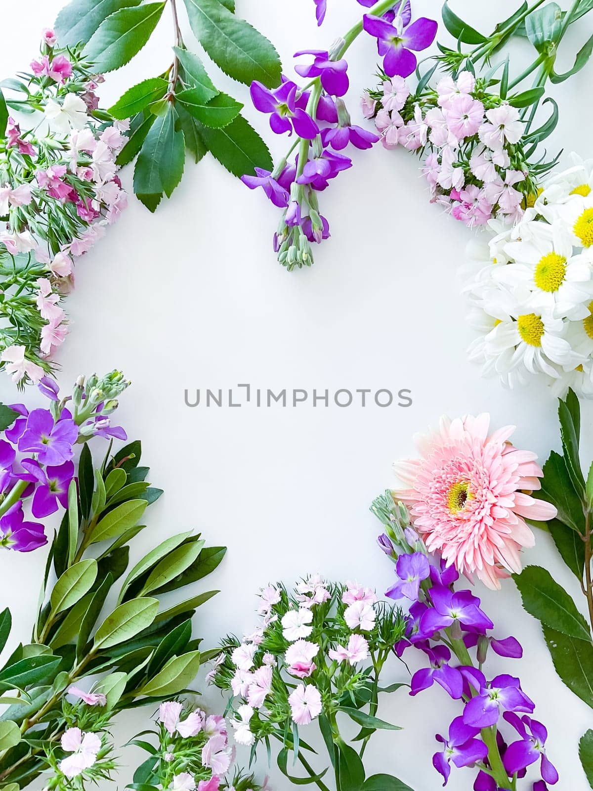japanese dianthus, gerbera, chamomile, matthiola and laurel leaves. floral frame with empty space for text or inscription. spring postcard. in the shape of a heart