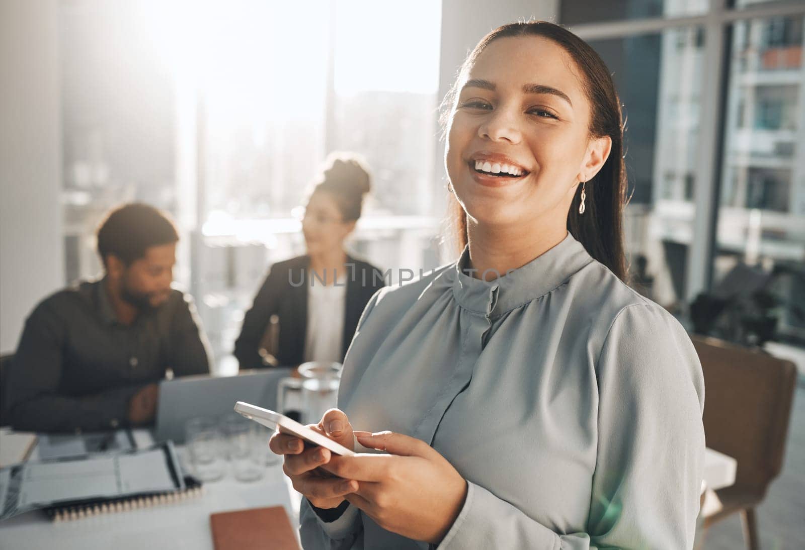 Portrait, phone and vision with a business black woman in her office, sending a text message for communication. Smile, mobile and contact with a happy female employee networking or texting at work.