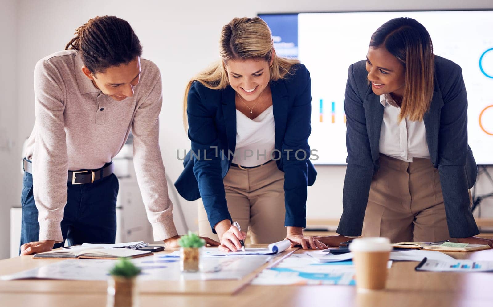 Planning, strategy and business people in meeting with teamwork, documents and report on data analytics. Market research, graph and charts analysis of corporate women, man or employees brainstorming.