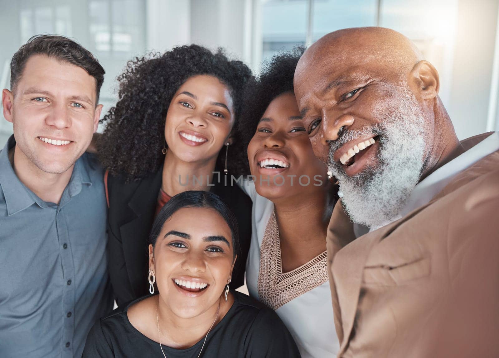 Office selfie, portrait or team building for about us profile picture in workplace with happy smile together. Teamwork, business, diversity or faces of group of people after fun collaboration meeting.