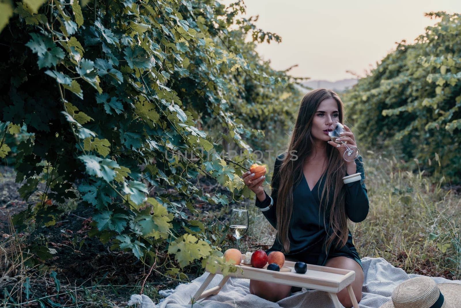 Woman picnic vineyard. Happy woman with a glass of wine at a picnic in the vineyard, wine tasting at sunset and open nature in the summer. Romantic dinner, fruit and wine. by panophotograph